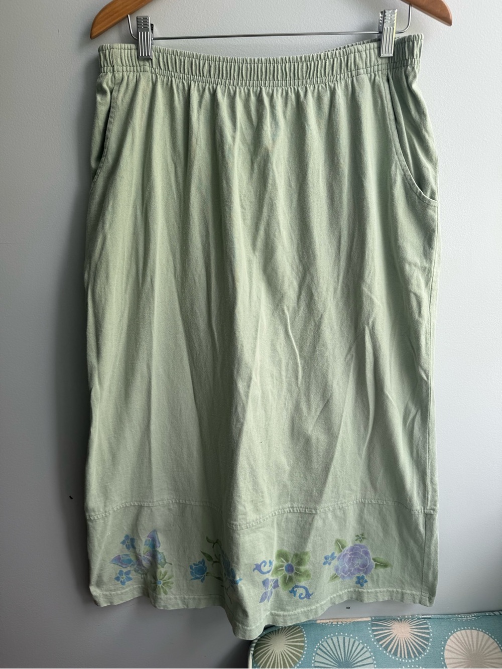 Vintage Light Green Cotton Block Print Women's Skirt Blue Fish Inspired